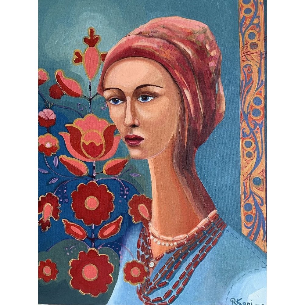 Women oil painting 24”by 18” on canvas Art woman orange blue floral fema…